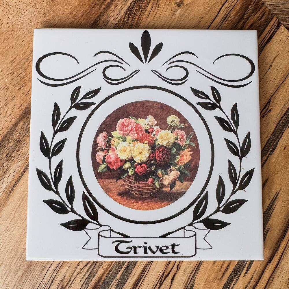 1960’s Vintage Kiln Fired TileCraft Trivet, Gorgeous Bouquet in Basket , 6”